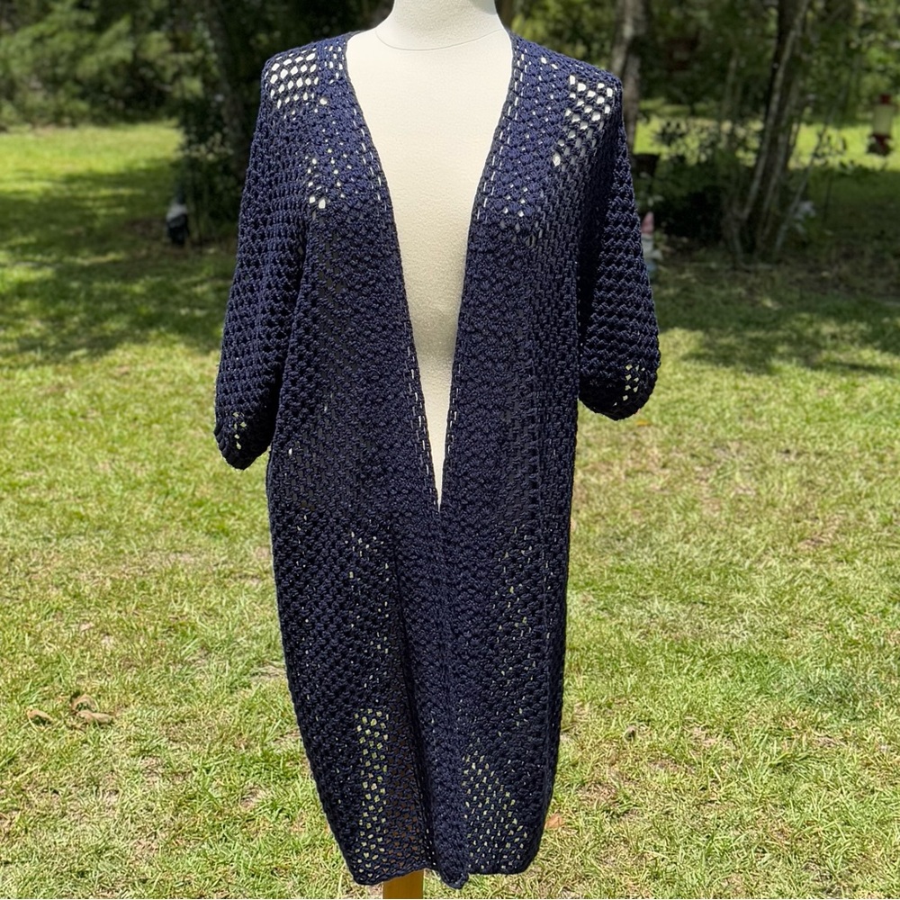Jessica London Plus Size Navy Crochet Heavy Long Open Cardigan Size 22/24